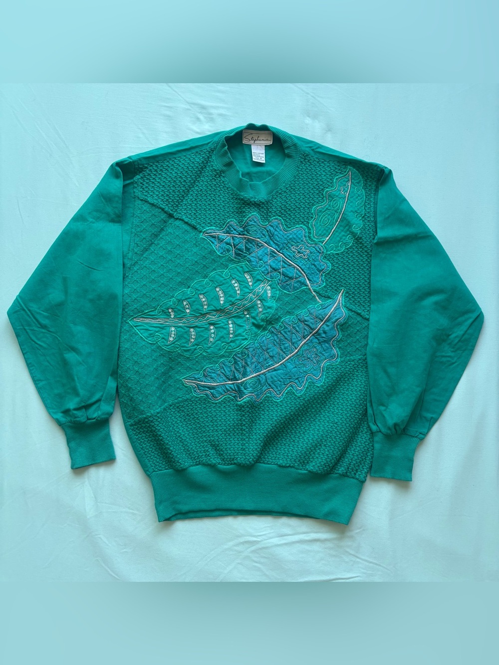Stephanie Vintage Green Leaf-Embroidered Sweater S